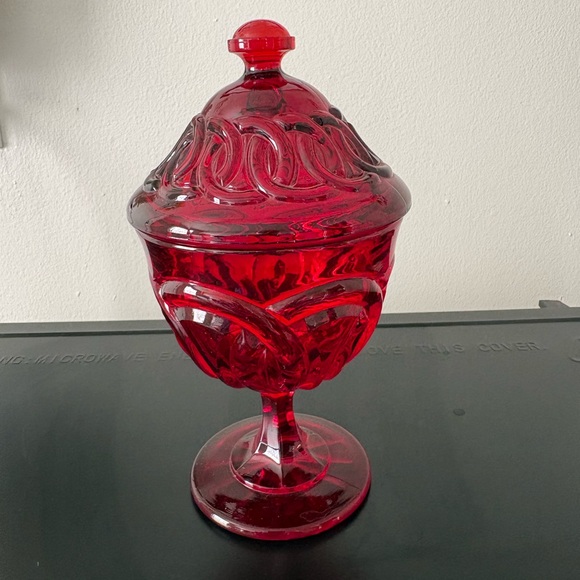 Vintage L G Wright Glass Ruby Red Double Ring 7” Candy Dish-Gently Used - Picture 3 of 5